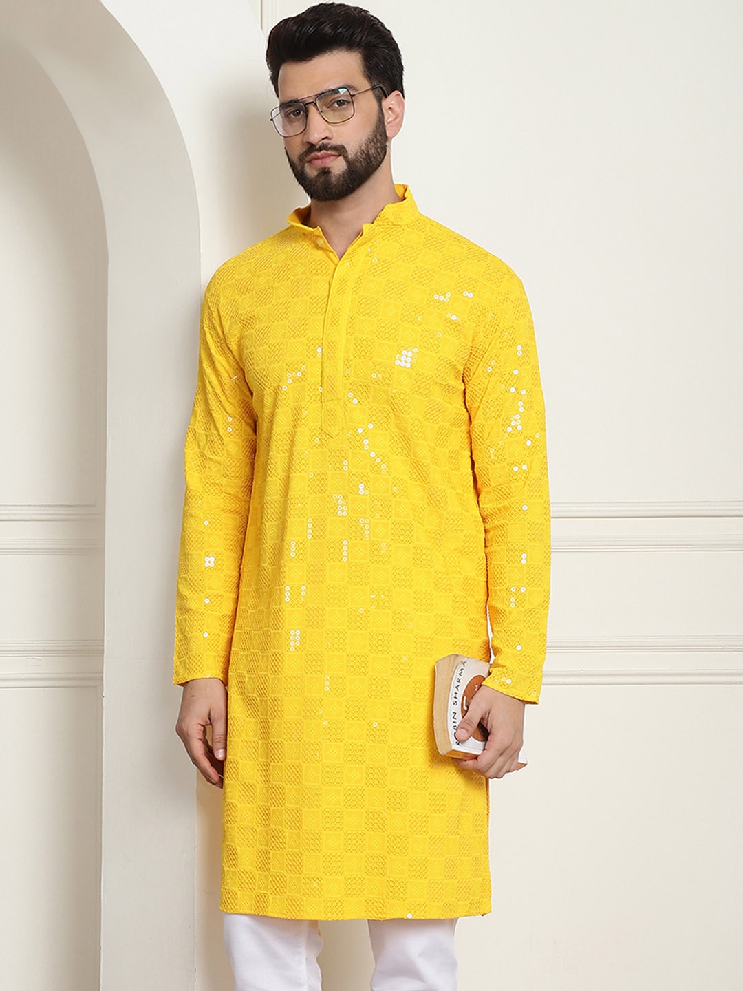 

SOJANYA Ethnic Motifs Embroidered Mandarin Collar Sequined Pure Cotton Straight Kurta, Yellow