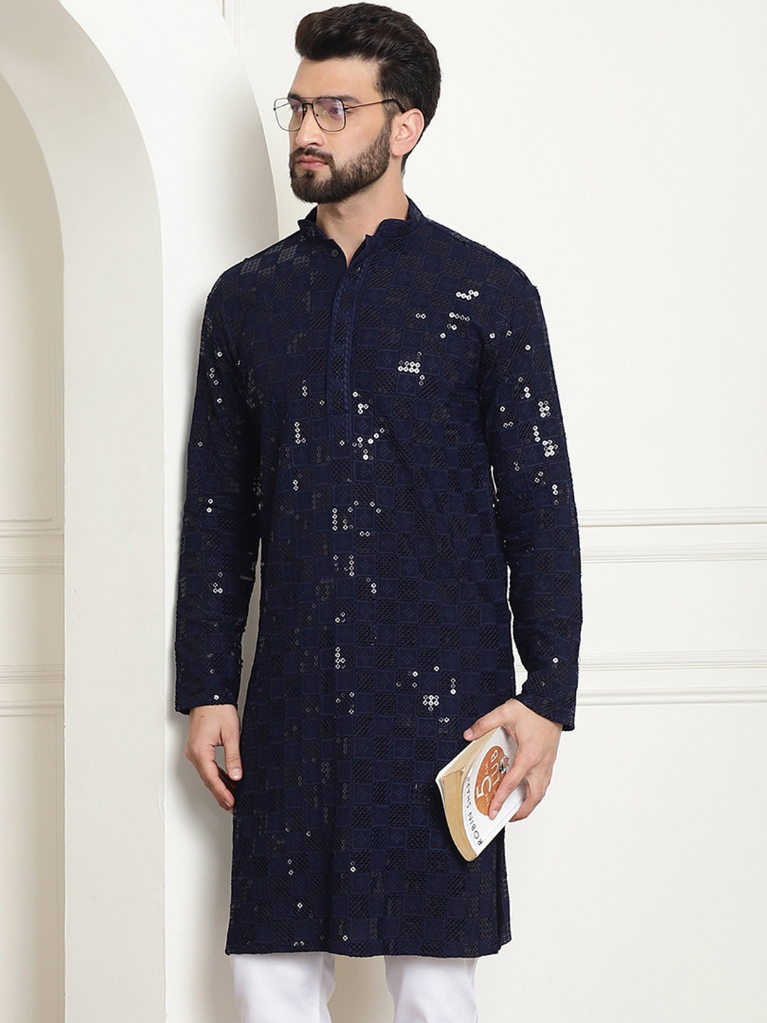 

SOJANYA Embellished Mandarin Collar Straight Pure Cotton Kurta, Navy blue