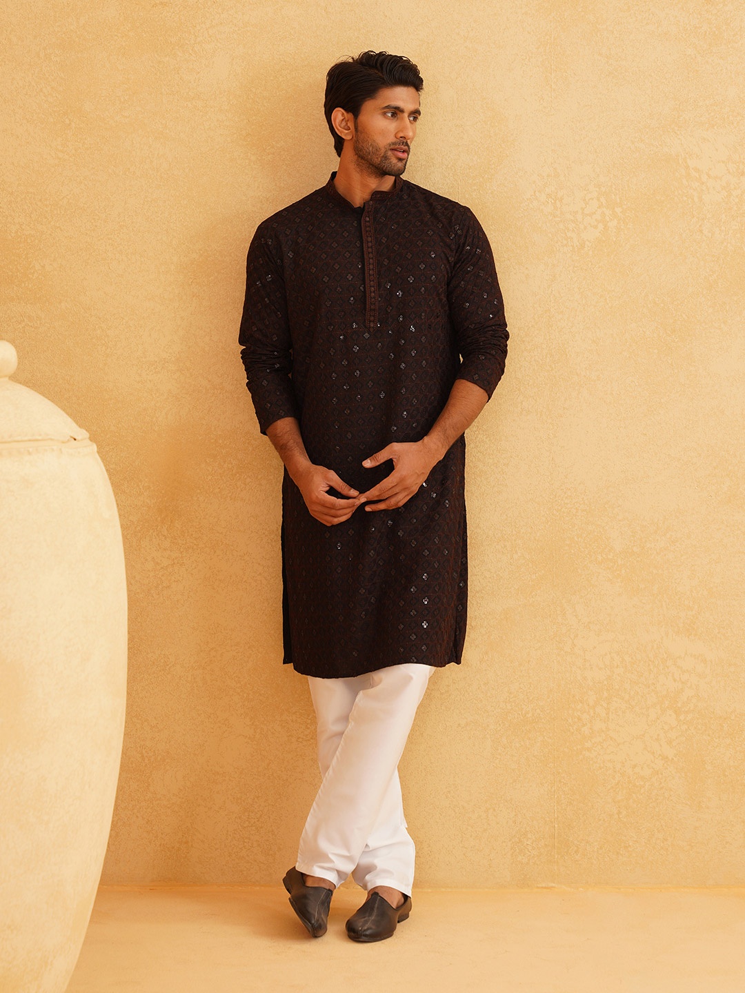 

SOJANYA Ethnic Motifs Embroidered Regular Sequinned Pure Cotton Kurta With Churidar, Coffee brown