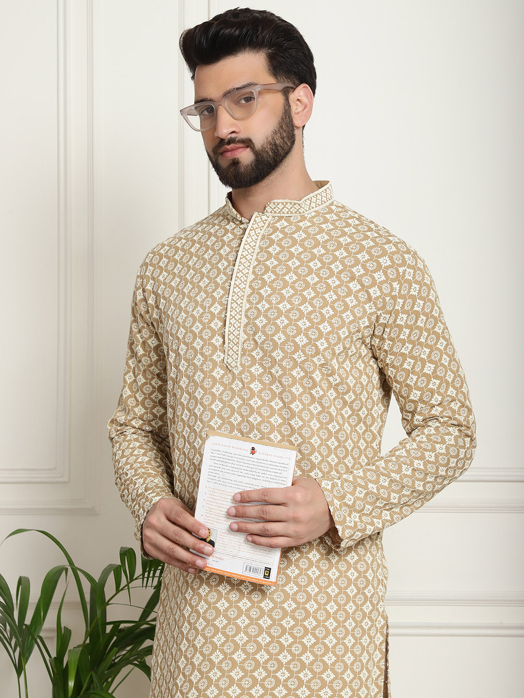 

SOJANYA Ethnic Motifs Embroidered Mandarin Collar Sequined Pure Cotton Straight Kurta, Beige