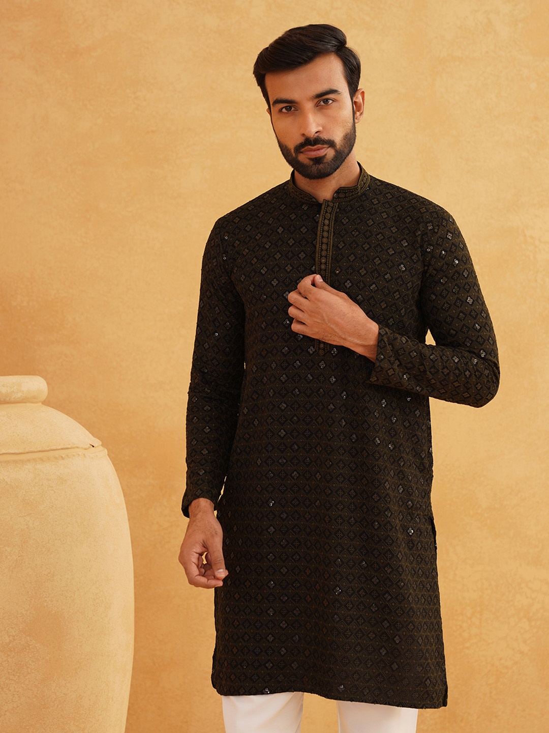 

SOJANYA Ethnic Motifs Embroidered Mandarin Collar Sequined Pure Cotton Straight Kurta, Olive