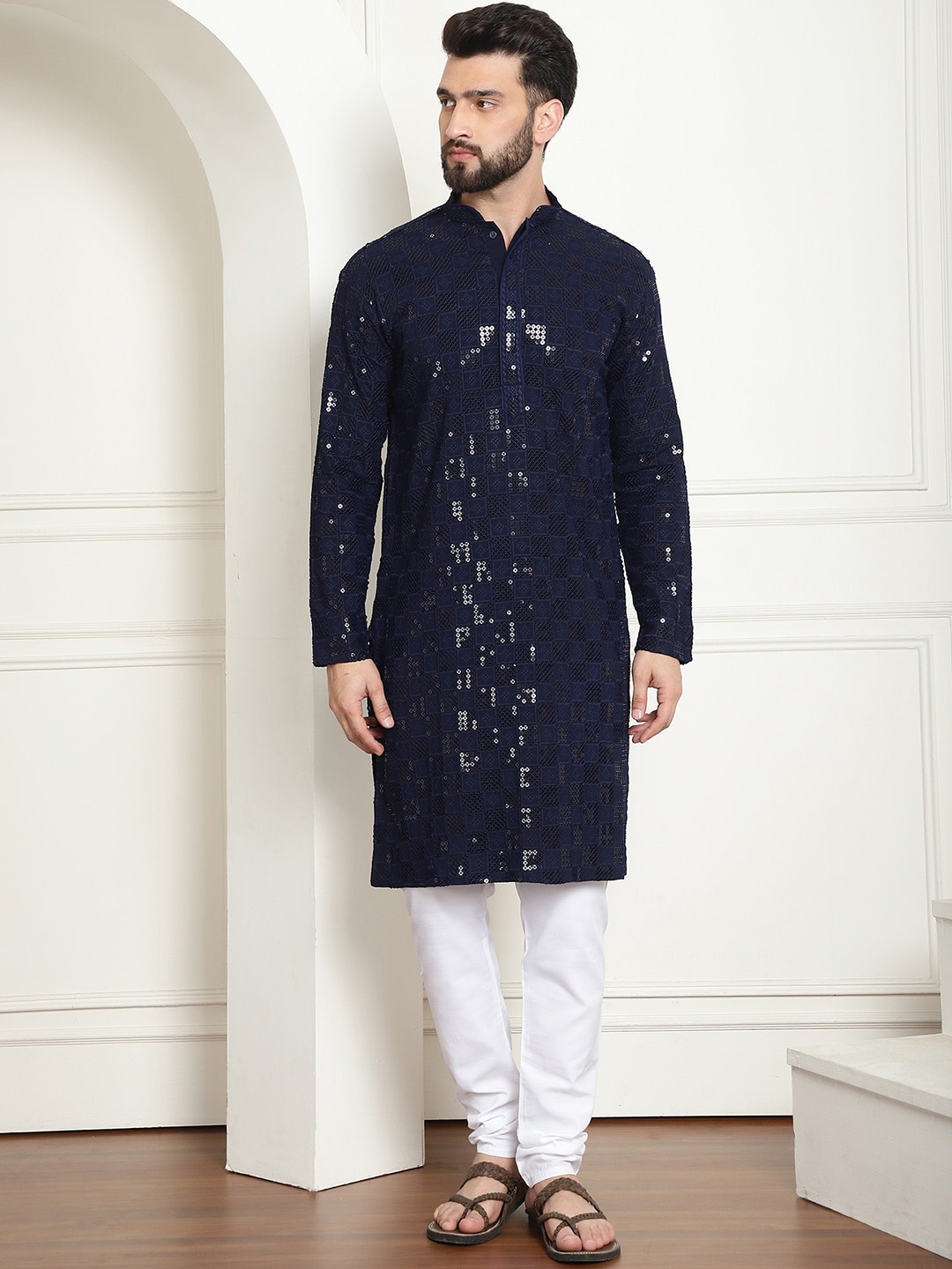 

SOJANYA Embroidered Mandarin Collar Long Sleeves Sequinned Pure Cotton Kurta with Churidar, Navy blue