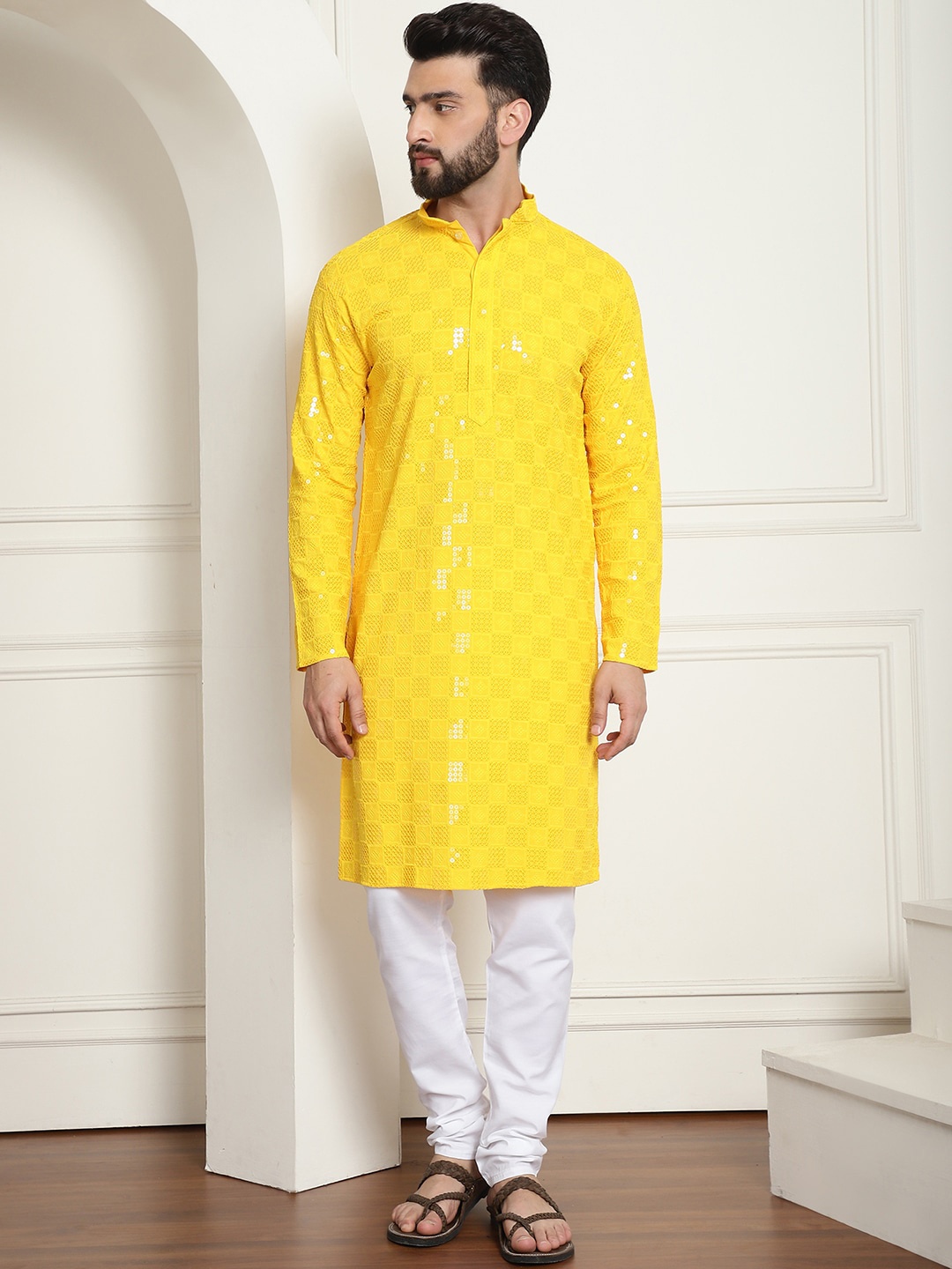 

SOJANYA Geometric Embroidered Mandarin Collar Sequinned Pure Cotton Kurta with Churidar, Mustard