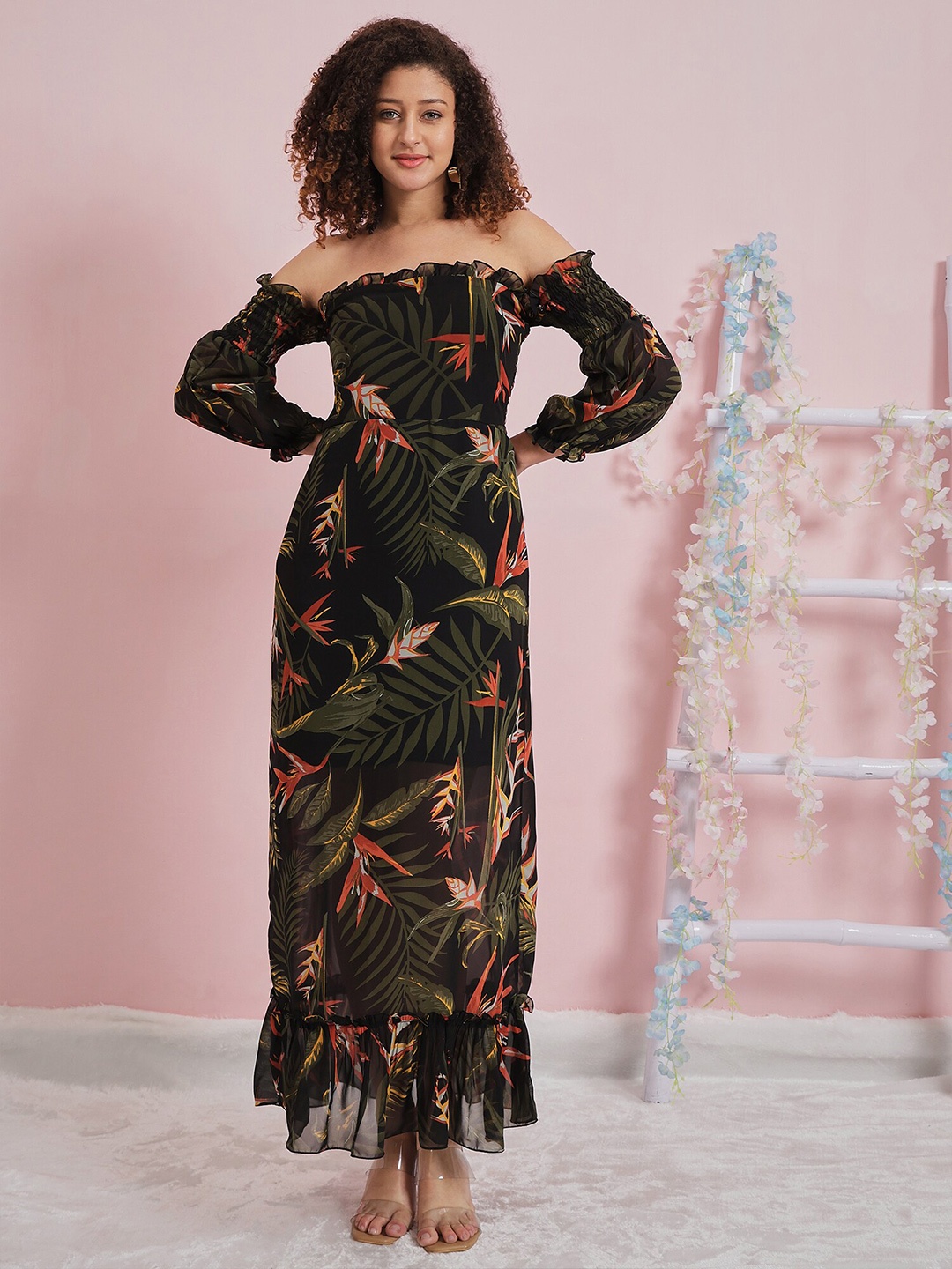 

Athena Tropical Printed Off-Shoulder Cuffed Sleeve Georgette Maxi Dress, Black