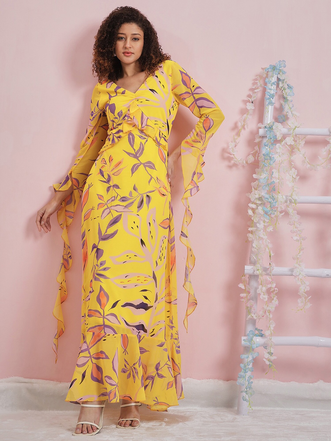Athena Floral Printed Ruffled Georgette Maxi Dress, Yellow