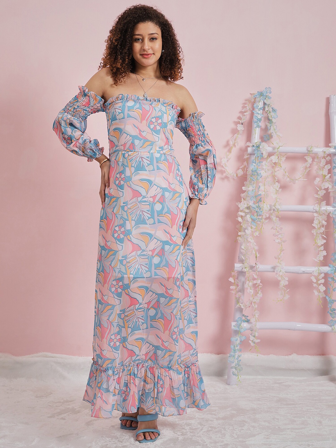 

Athena Floral Printed Off-Shoulder Bell Sleeve Maxi Dress, Blue