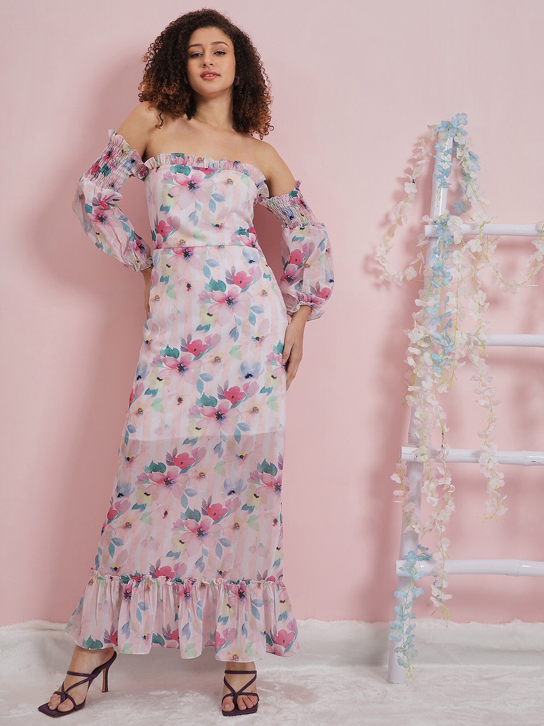 

Athena Floral Printed Off-Shoulder Georgette Maxi Dress, Pink