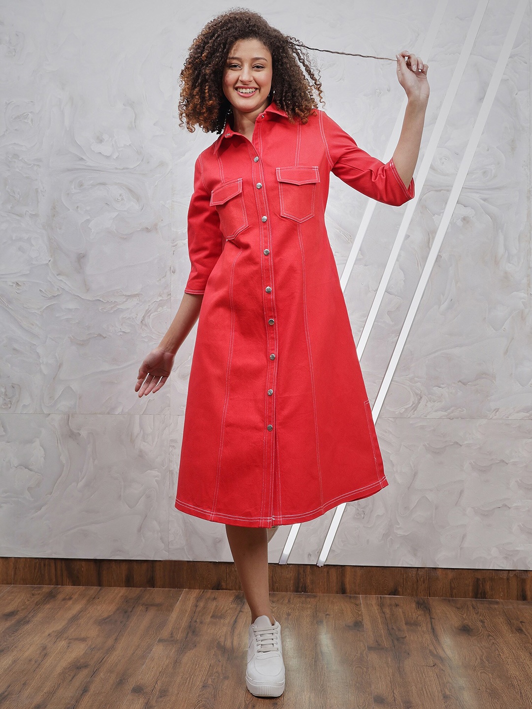 

Athena Denim Shirt Dress, Red