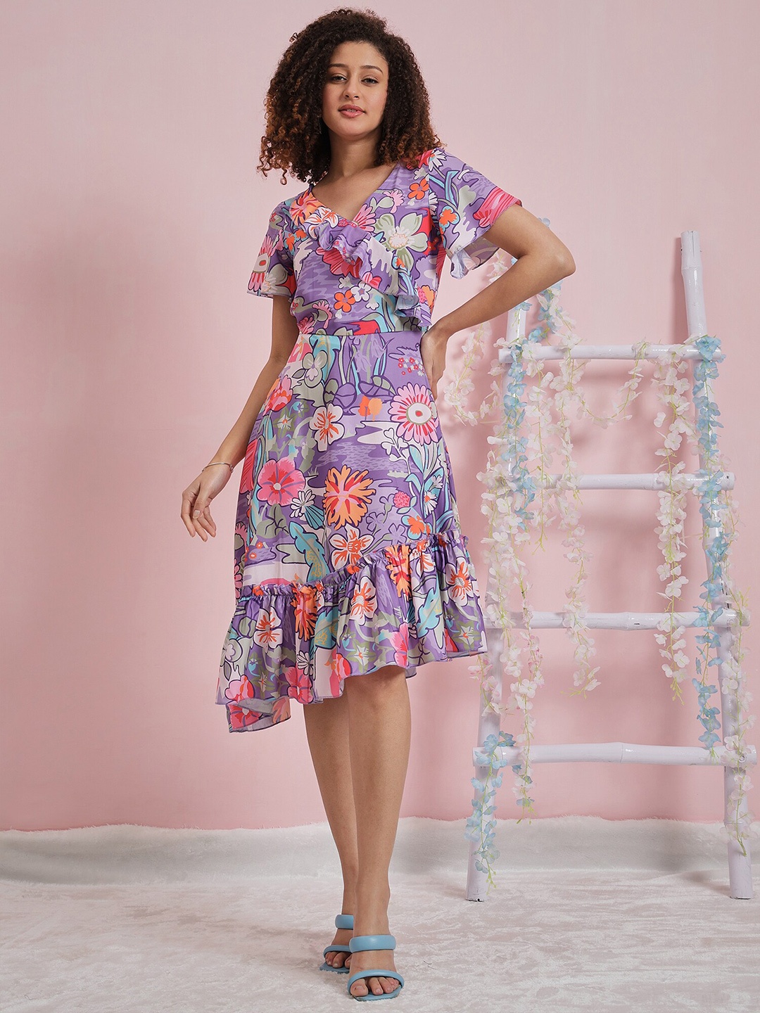 

Athena Floral Printed Flared Sleeve Ruffled Crepe A-Line Dress, Lavender