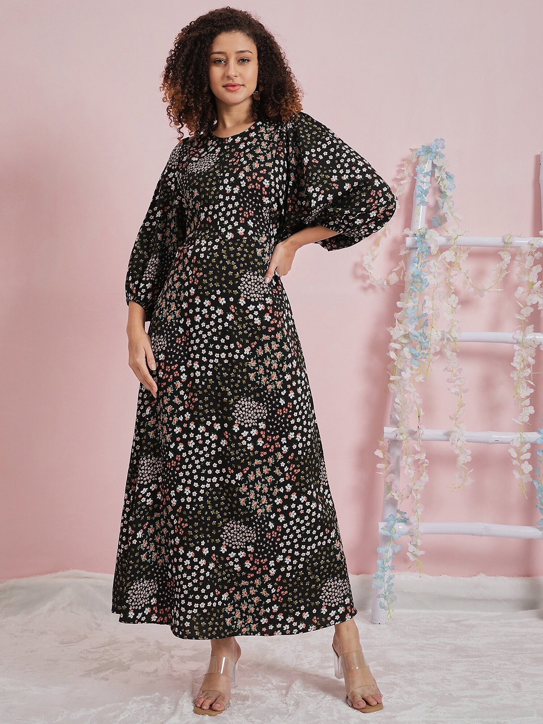 

Athena Floral Printed Flutter Sleeve Crepe Maxi Dress, Black