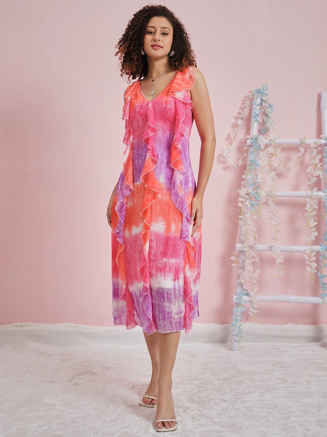 

Athena Tie and Dye Dyed Ruffled Georgette A-Line Midi Dress, Pink