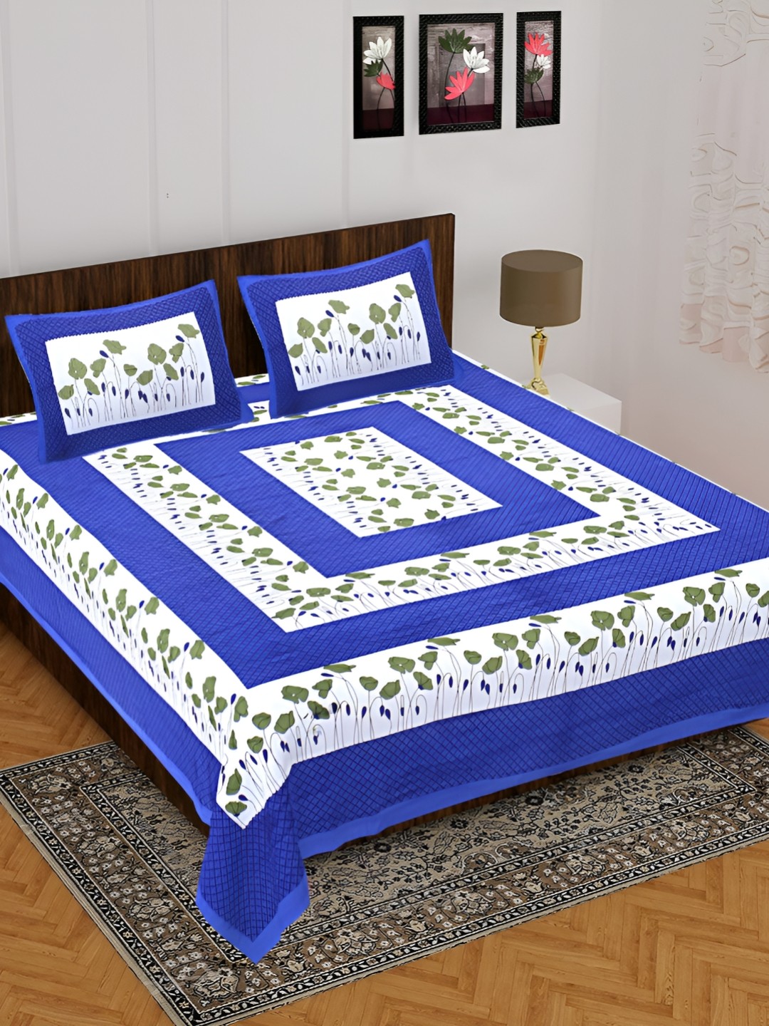 

UNIBLISS Blue & White Floral 144 TC Cotton Queen Bedsheet with 2 Pillow Covers
