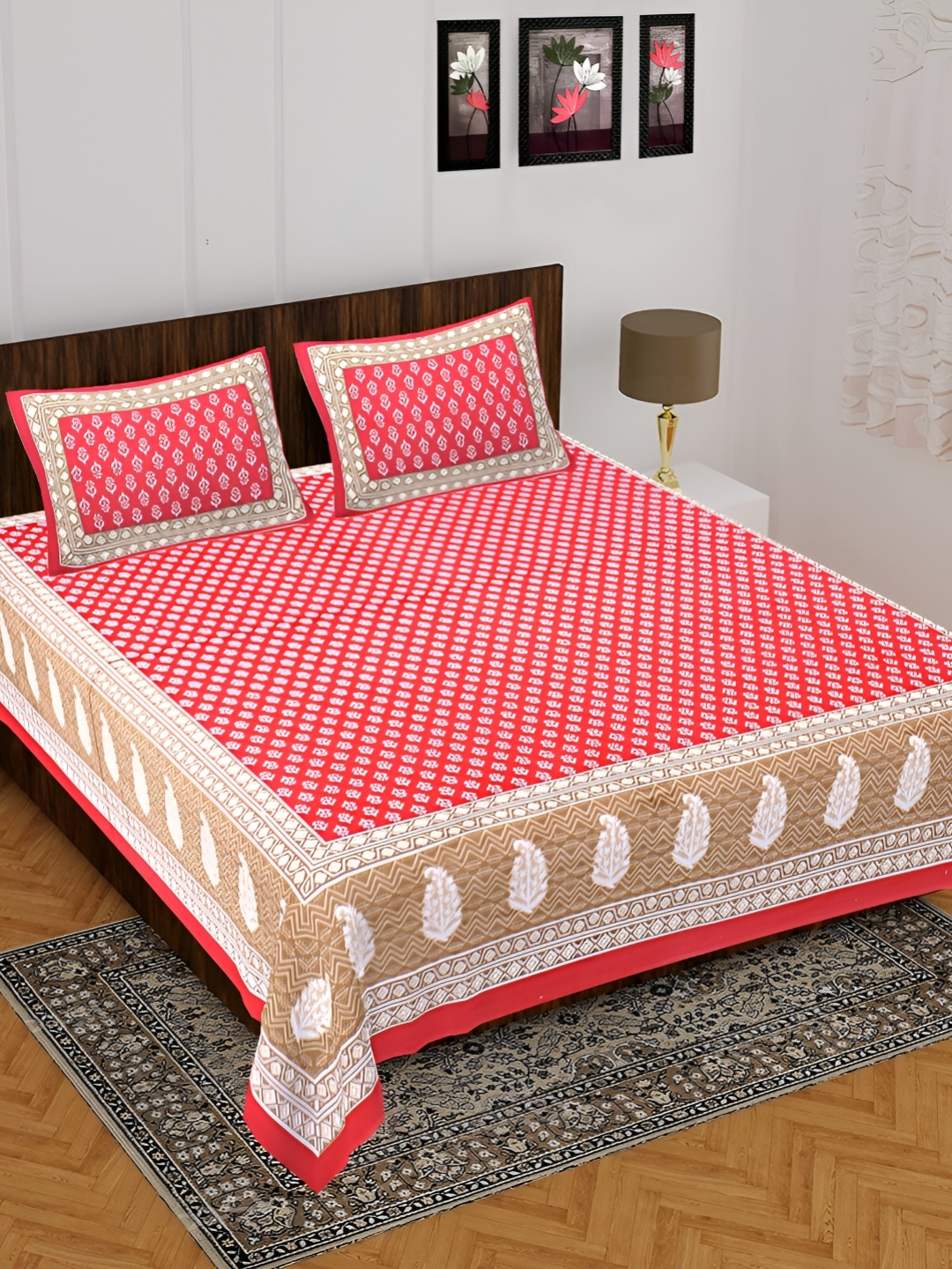 

UNIBLISS Red & White Floral 144 TC Cotton King Bedsheet with 2 Pillow Covers