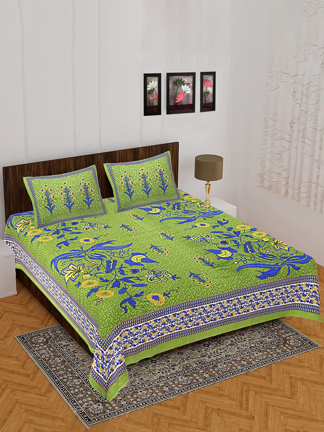 

UNIBLISS Green & Blue Floral 144 TC Cotton Queen Bedsheet with 2 Pillow Covers