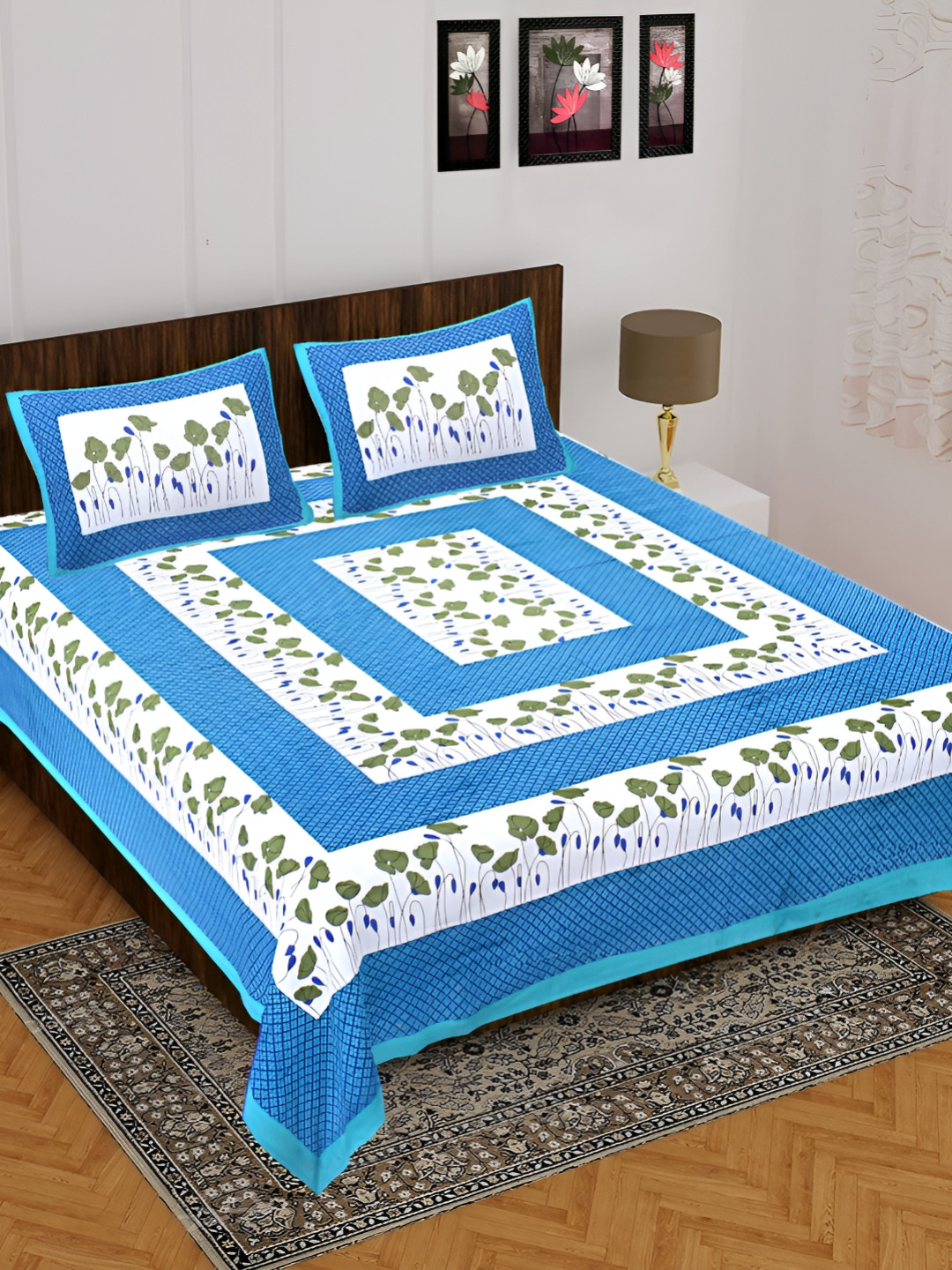 

UNIBLISS Sea Blue & White Floral 144 TC Cotton Queen Bedsheet with 2 Pillow Covers