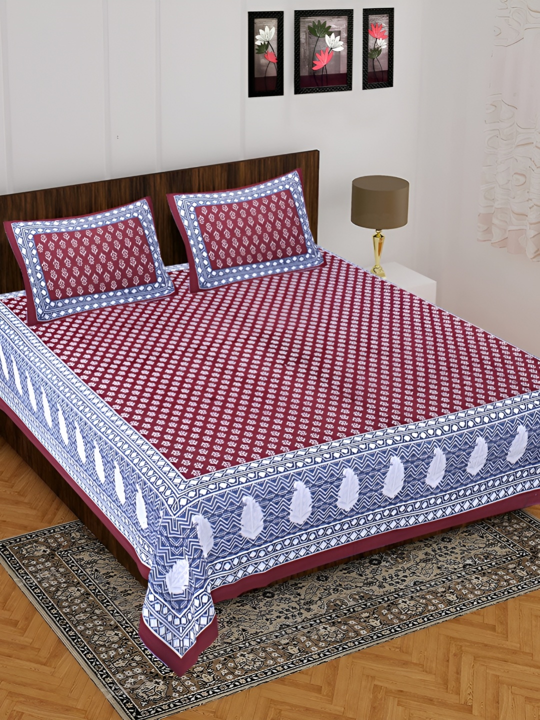 

UNIBLISS Maroon & Blue Floral 144 TC Cotton Queen Bedsheet with 2 Pillow Covers