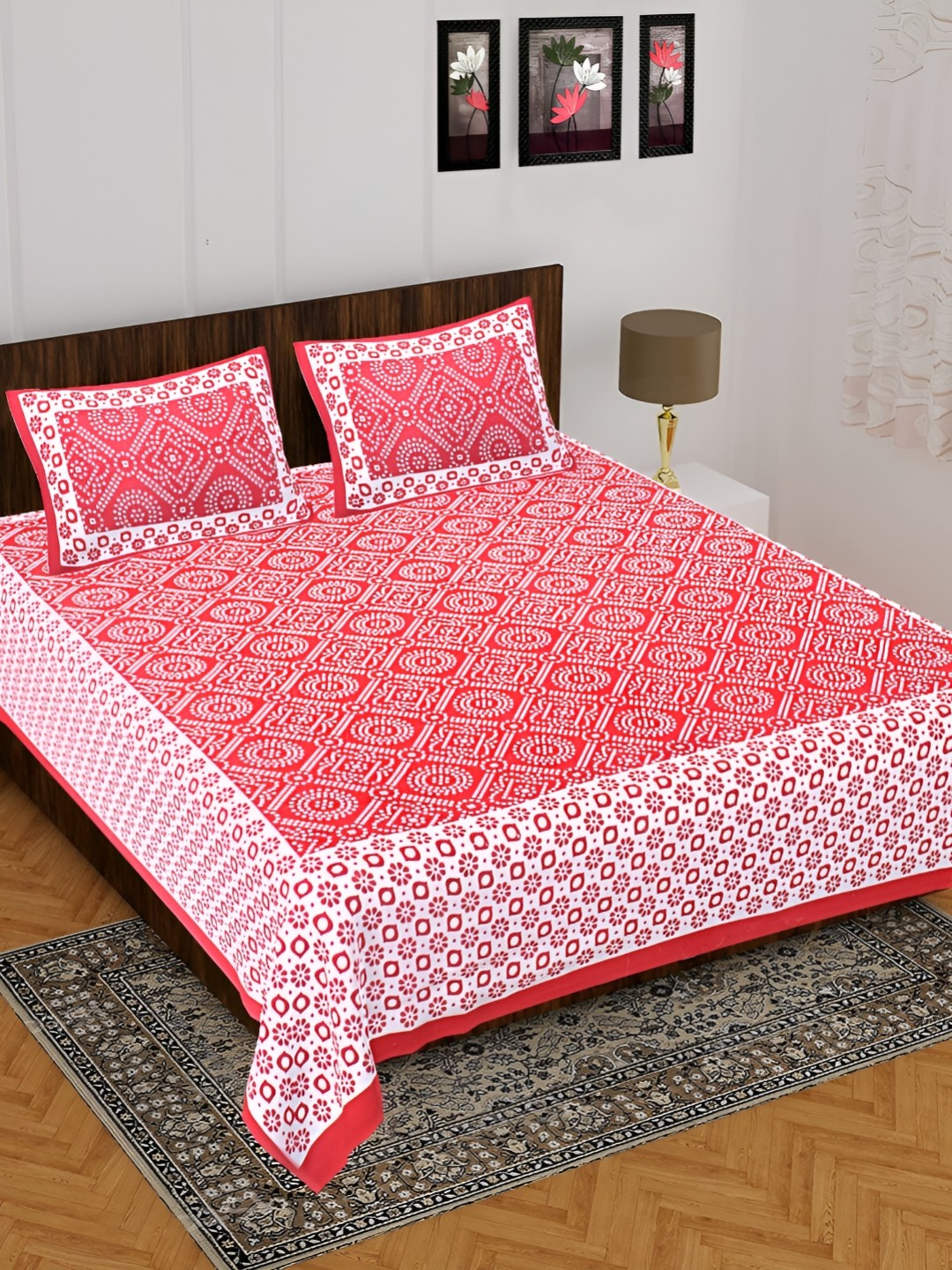 

UNIBLISS Red & White Floral 144 TC Cotton Queen Bedsheet with 2 Pillow Covers