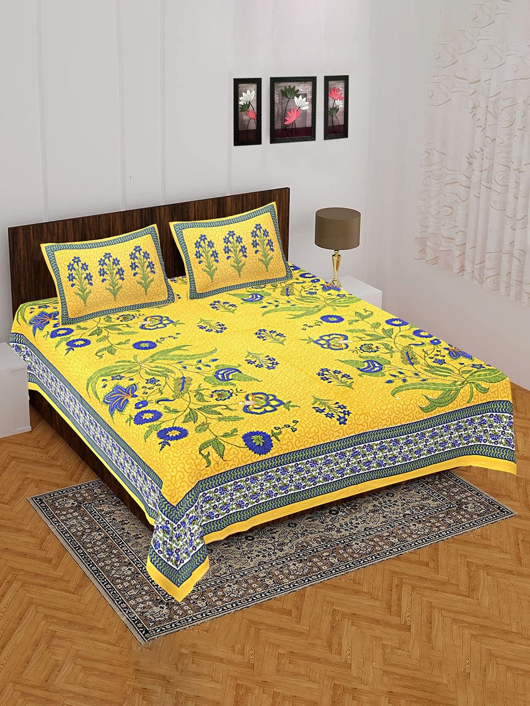 

UNIBLISS Yellow & Green Ethnic Motifs 144 TC Cotton Queen Bedsheet with 2 Pillow Covers