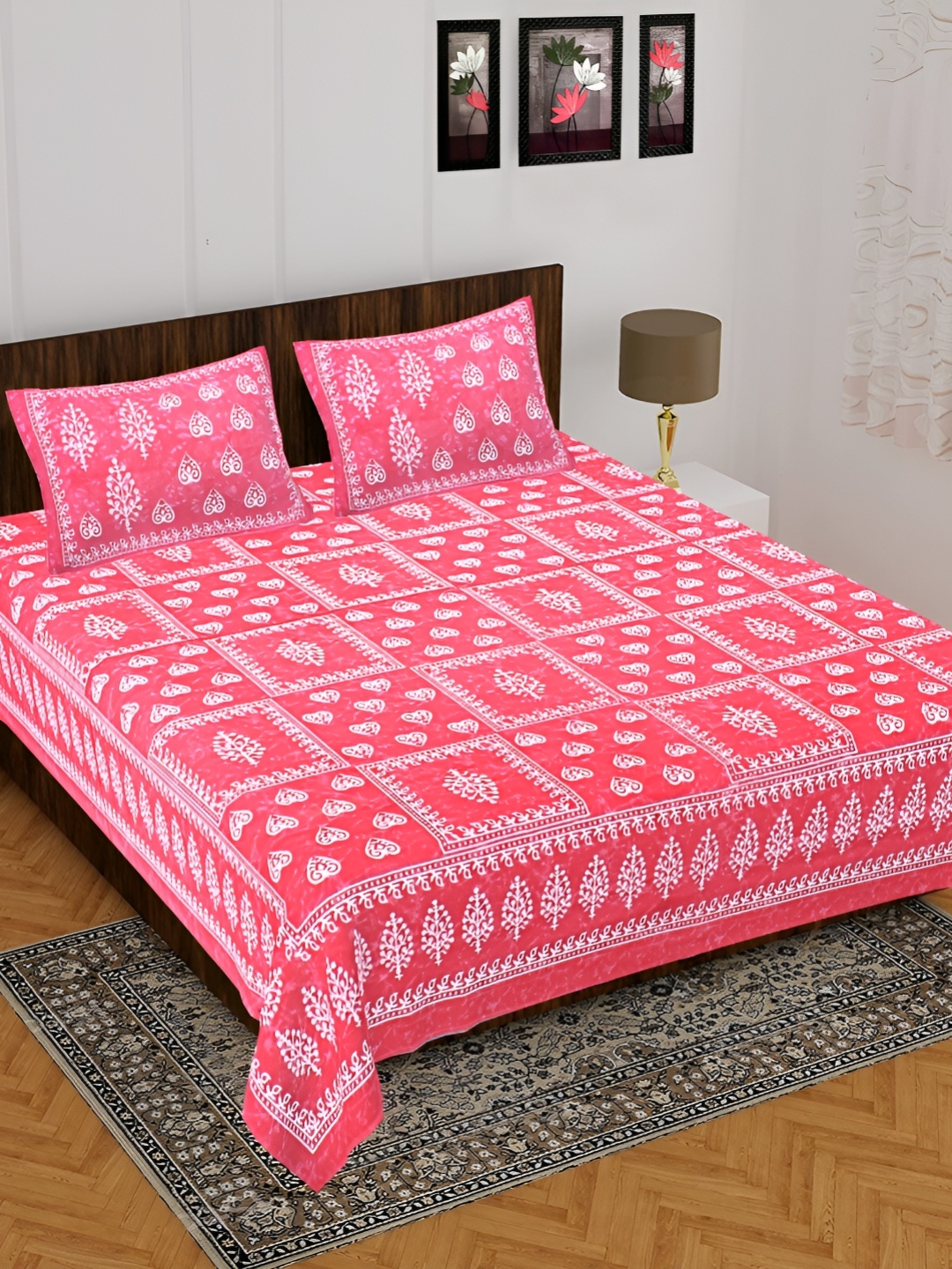 

UNIBLISS Pink & White Floral 144 TC Cotton Queen Bedsheet with 2 Pillow Covers