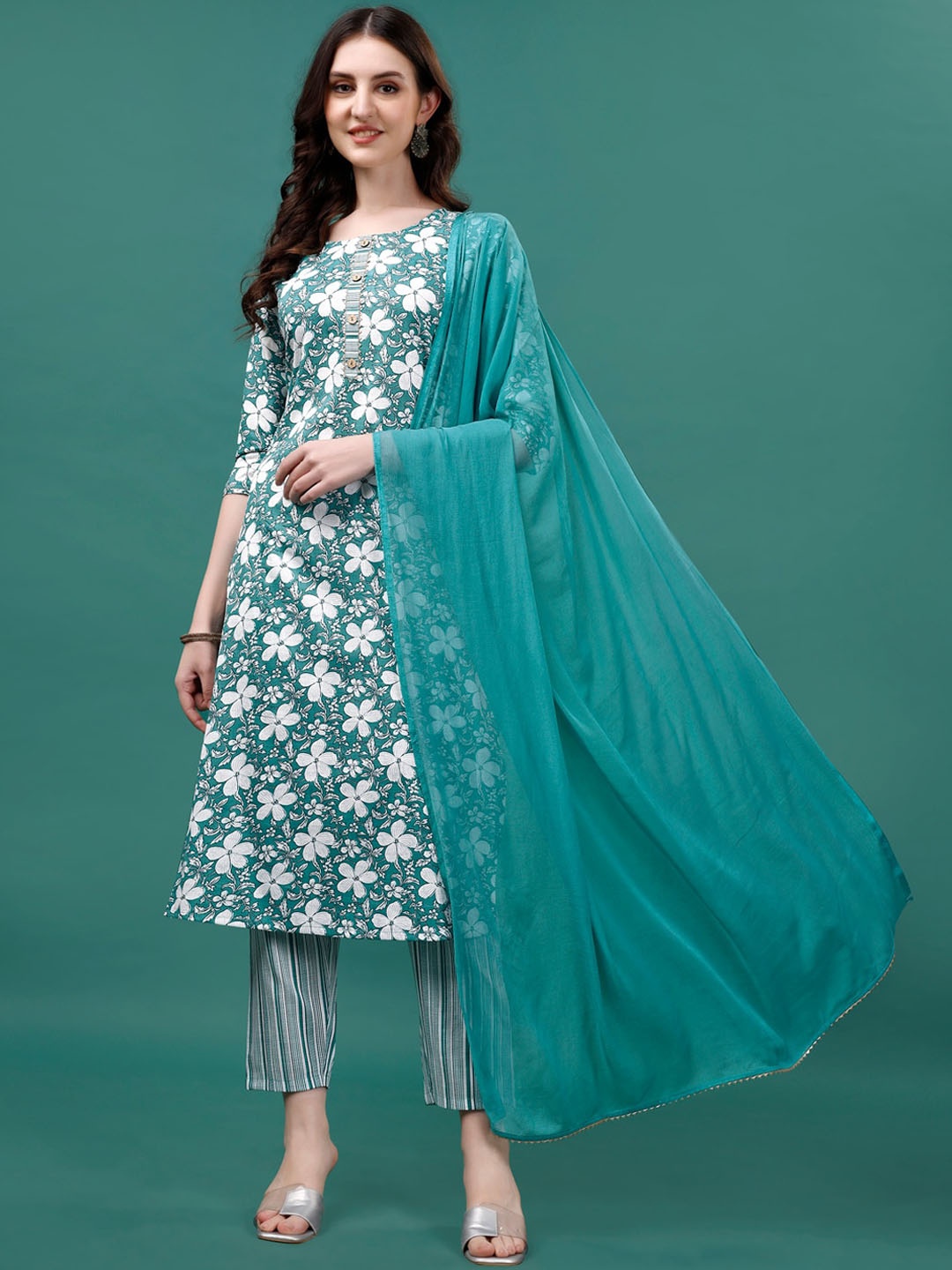 

KALINI Floral Printed Regular Straight Kurta With Trousers & Dupatta, Blue