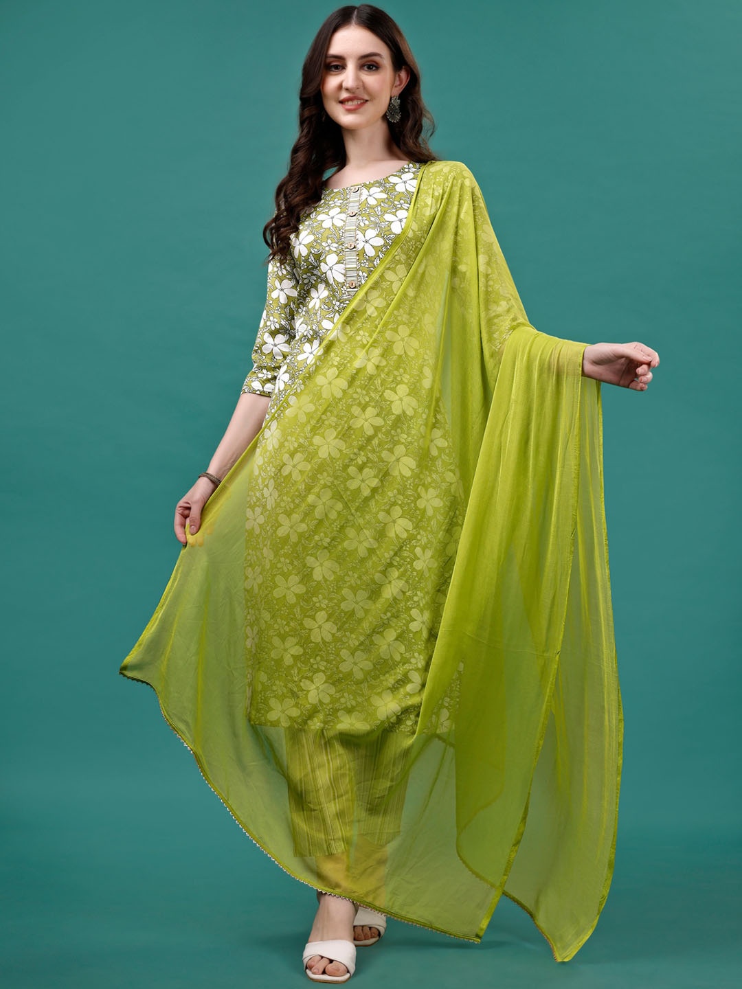 

KALINI Floral Printed Regular Straight Kurta With Trousers & Dupatta, Green