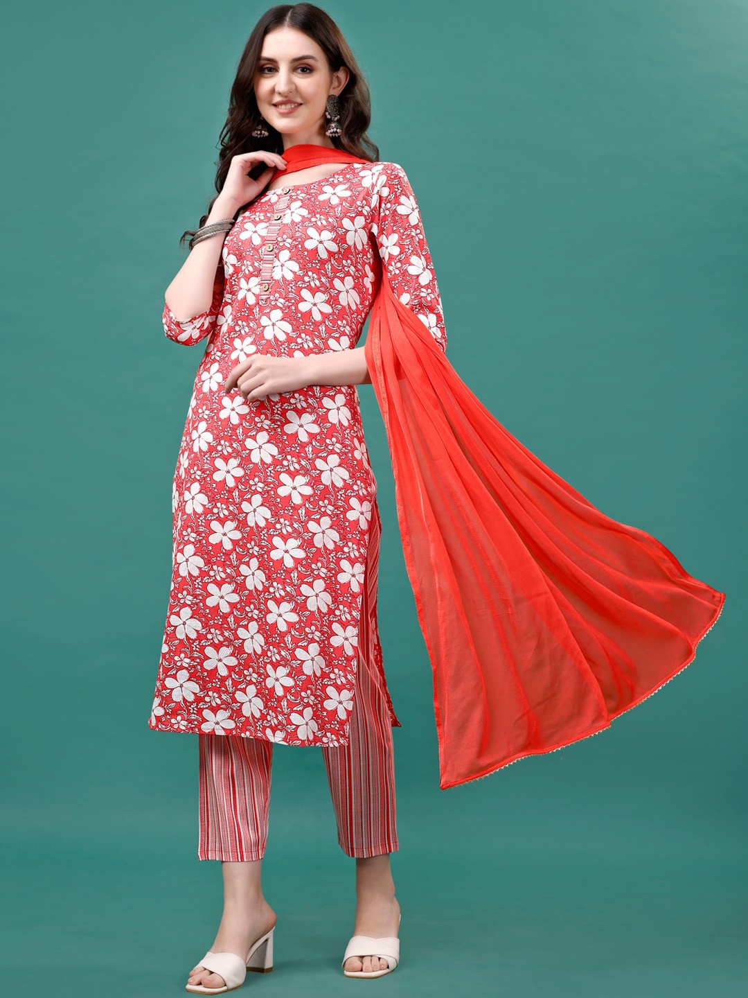 

KALINI Floral Printed Regular Straight Kurta With Trousers & Dupatta, Orange