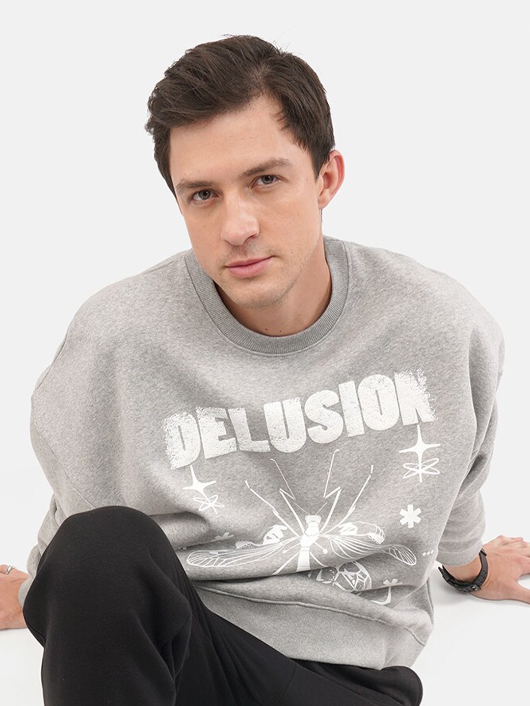 

Crazy Mosquitoes Delusion Printed Oversized Fleece Sweatshirt, Grey