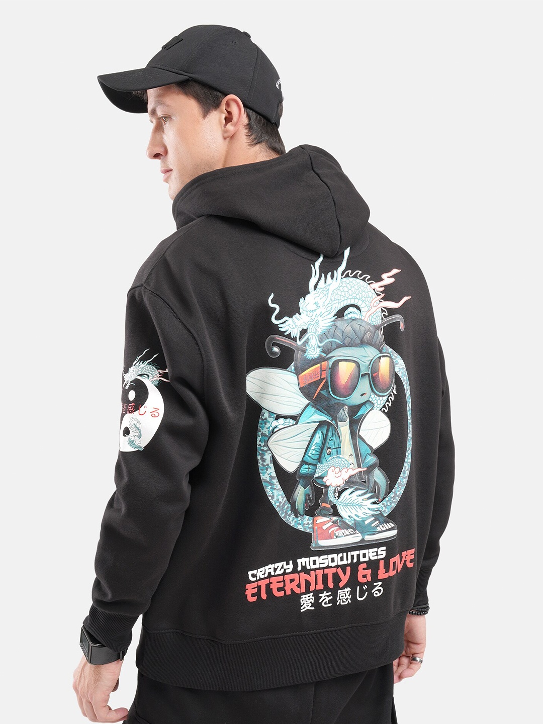 

Crazy Mosquitoes Dragon Regular Fleece Drop-Shoulder Sleeves Hoodie, Black