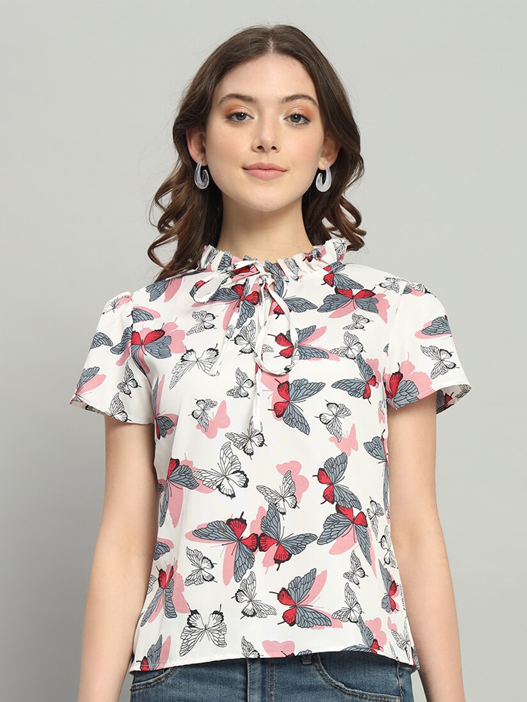 

The Dry State Floral Printed Ruffled Tie-Up Neck Top, White