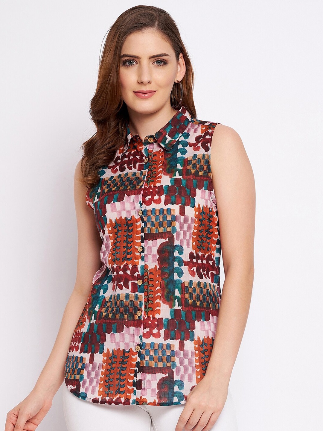 

Ruhaans Classic Abstract Printed Sleeves Cotton Casual Shirt, Brown