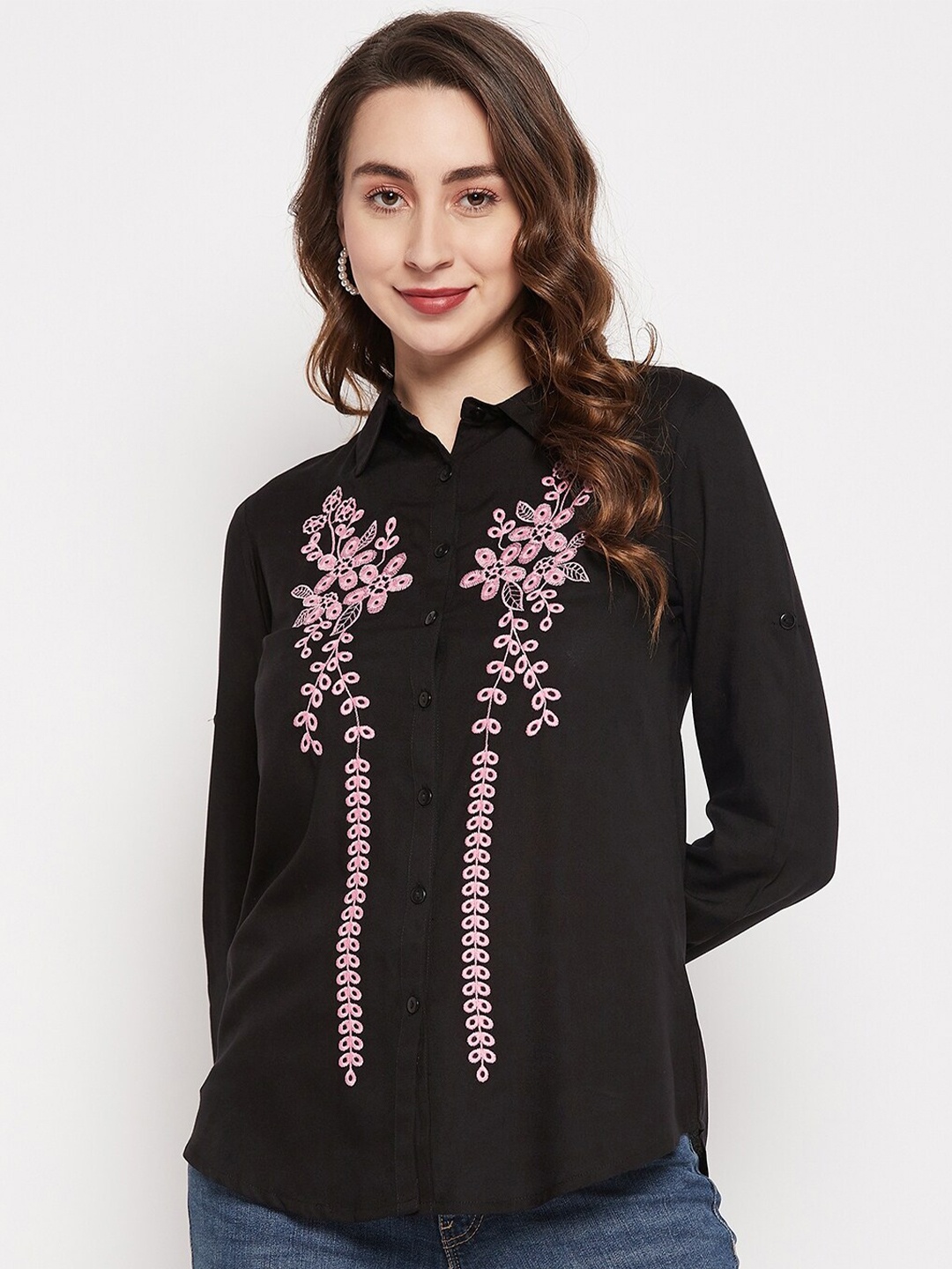 

Ruhaans Classic Floral Embroidered Roll Up Sleeves Casual Shirt, Black