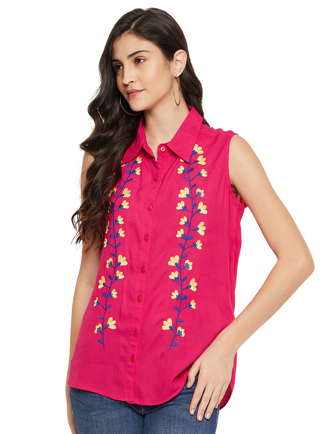 

Ruhaans Floral Embroidered Shirt Style Top, Fuchsia