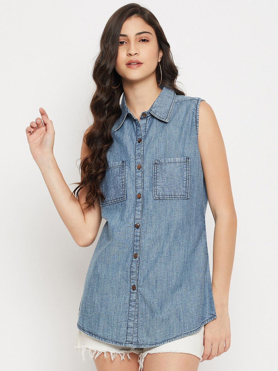 

Ruhaans Classic Spread Collar Longline Casual Shirt, Blue