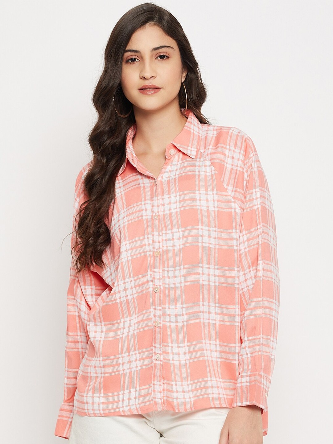 

Ruhaans Classic Oversized Tartan Checked Raglan Sleeves Casual Shirt, Peach