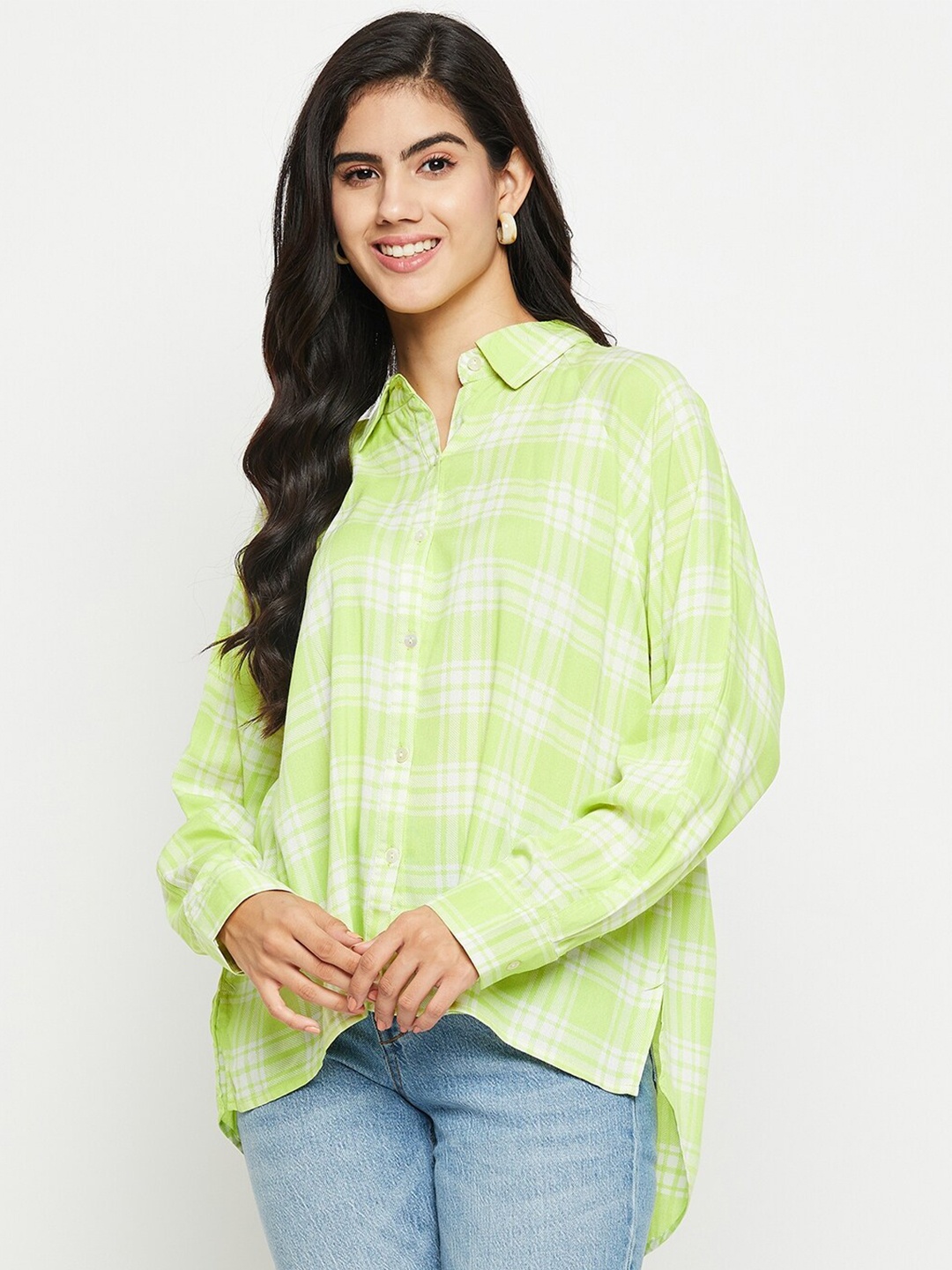 

Ruhaans Classic Tartan Checks Oversized Casual Shirt, Green