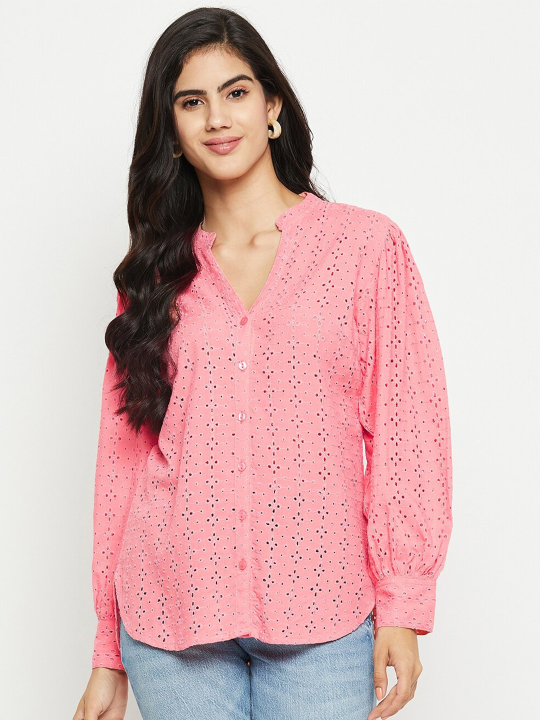 

Ruhaans Classic Self Design Mandarin Collar Shiffli Casual Shirt, Peach