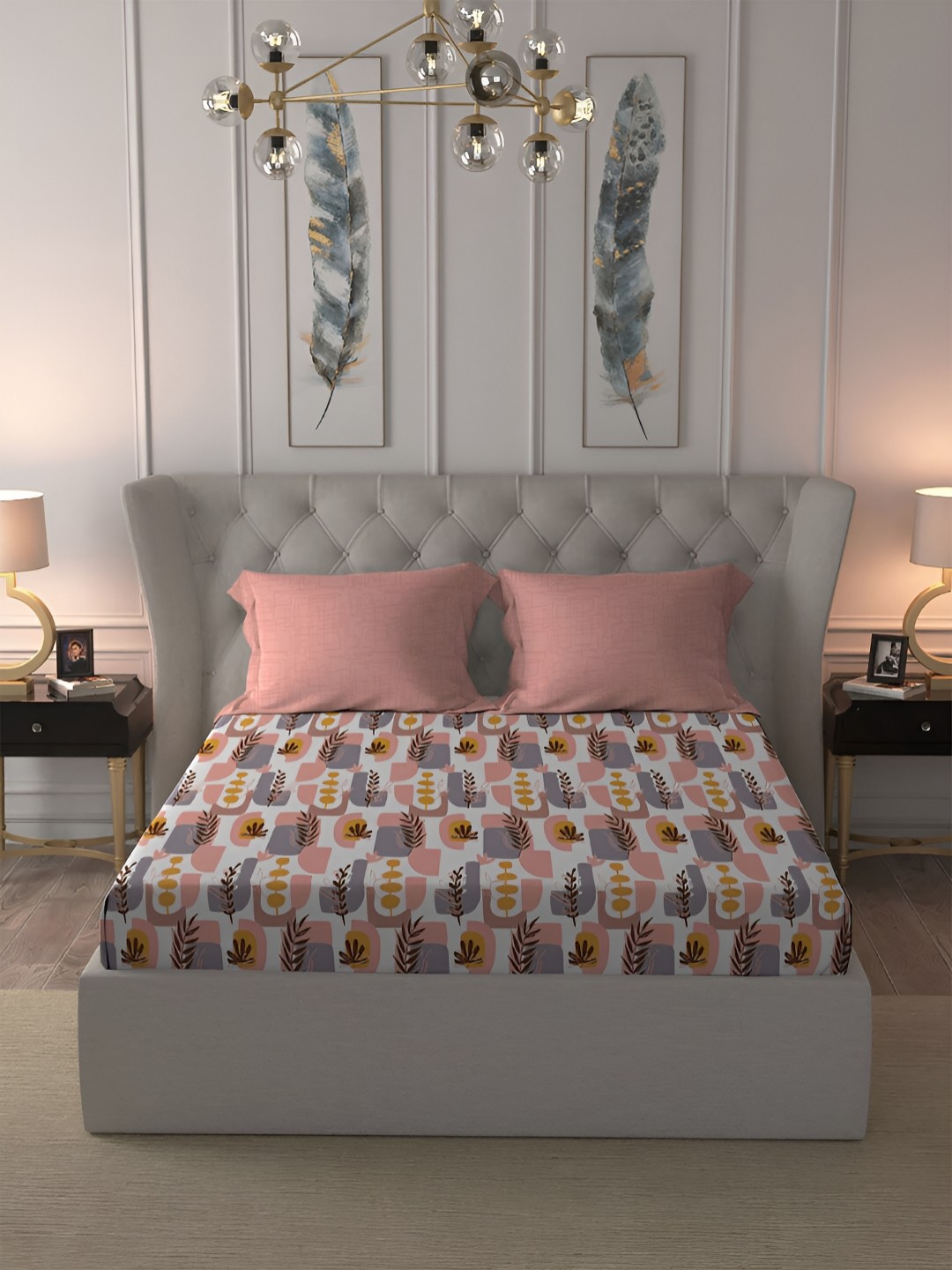 

MYTRIDENT Pink & White Floral 120 TC Cotton Queen Bedsheet with 2 Pillow Covers