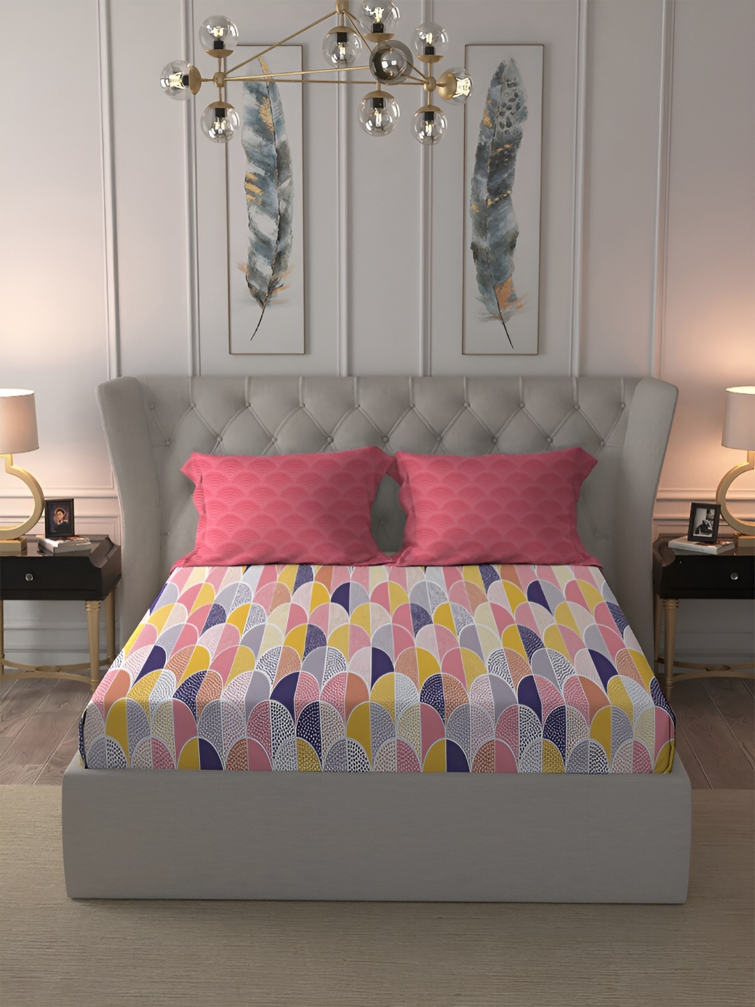 

MYTRIDENT Pink & Yellow Geometric 120 TC Cotton Queen Bedsheet with 2 Pillow Covers