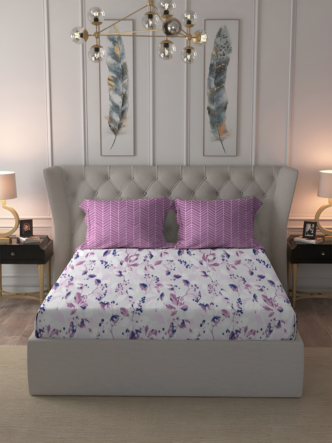 

MYTRIDENT Purple & White Floral 120 TC Cotton Queen Bedsheet with 2 Pillow Covers