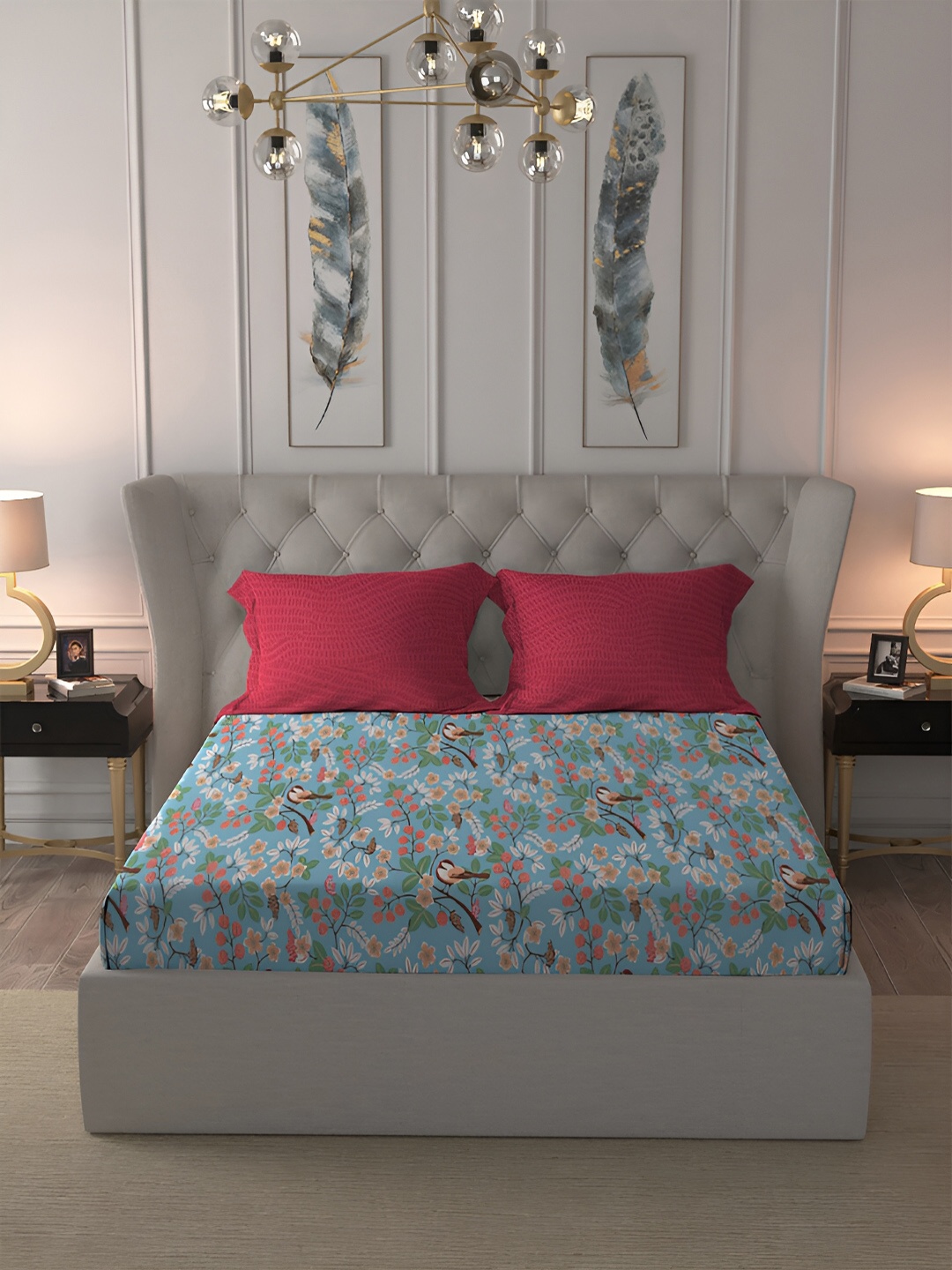 

MYTRIDENT Blue & Green Floral 120 TC Cotton Queen Bedsheet with 2 Pillow Covers