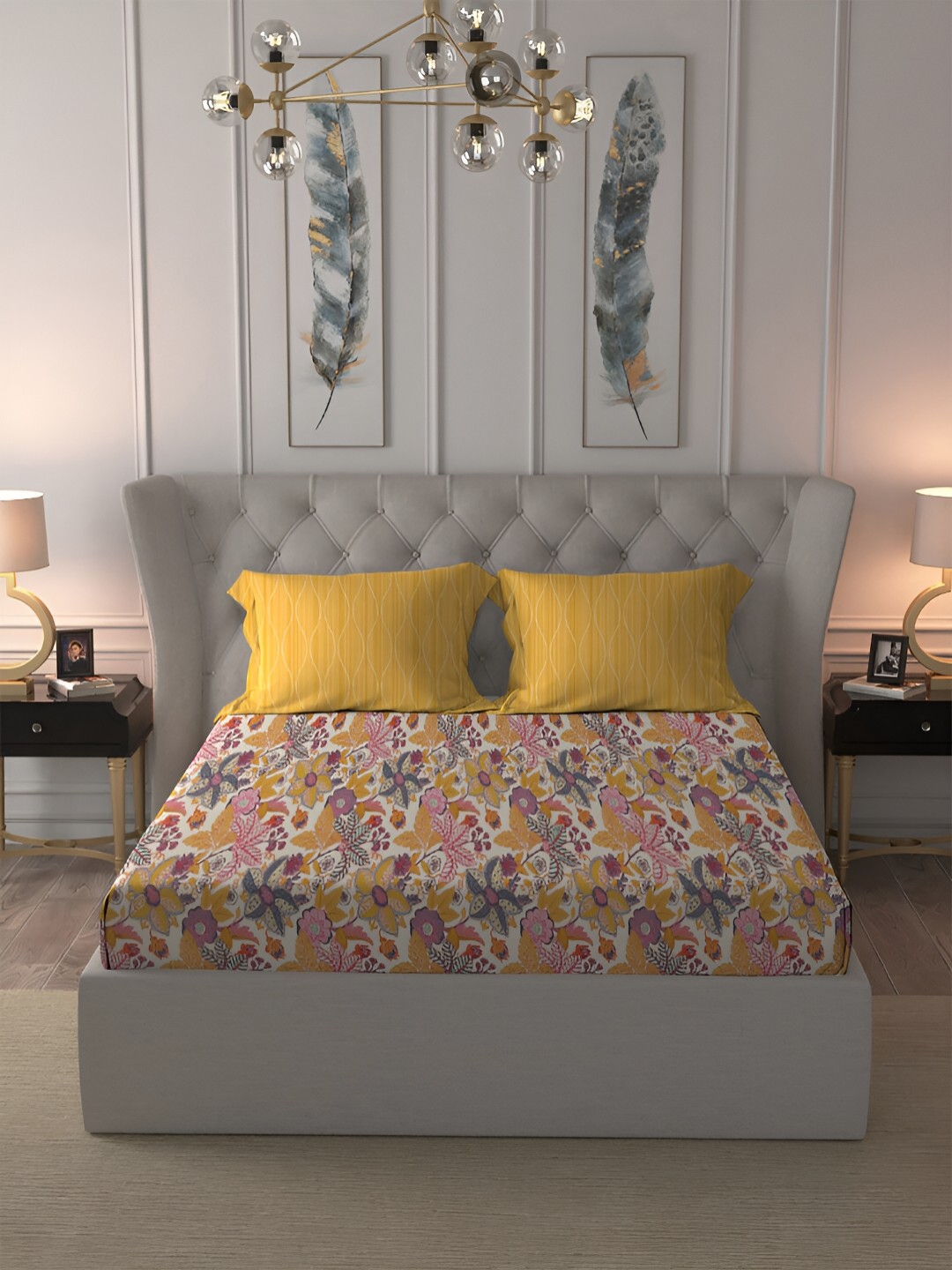 

MYTRIDENT Floresta Yellow Comfort Living Flat 120TC Queen Cotton Bedsheet Set