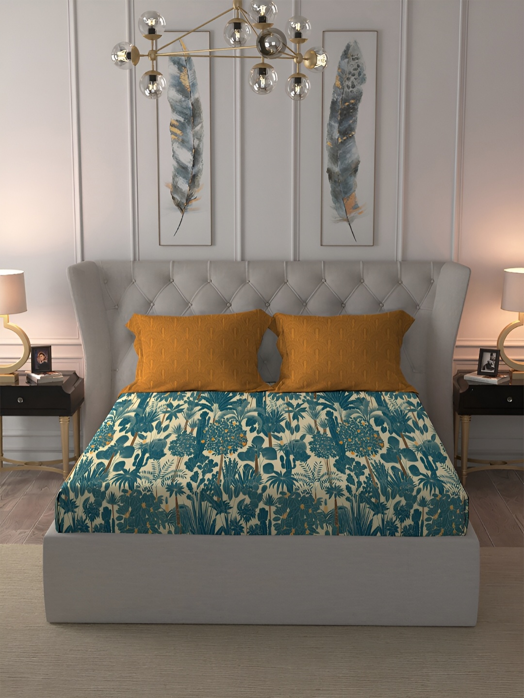 

MYTRIDENT Blue & Blue Floral 120 TC Cotton Queen Bedsheet with 2 Pillow Covers