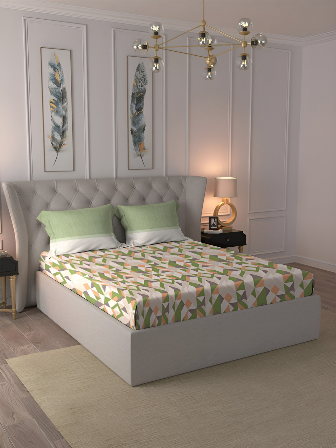 

MYTRIDENT Green & Black Geometric Cotton 120 TC Queen Bedsheet with 2 Pillow Covers