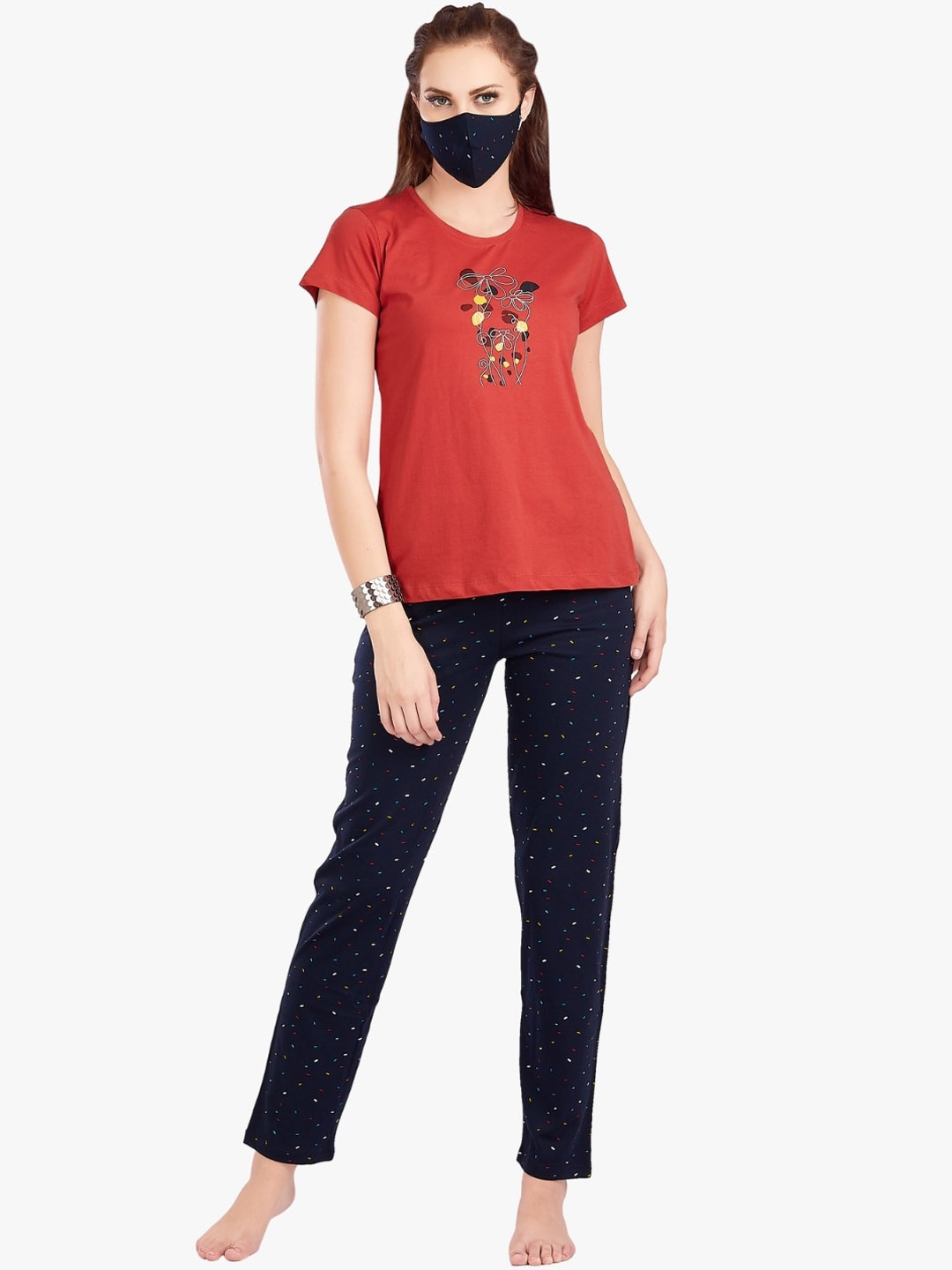 

QUIRA Graphic Printed Pure Cotton Night Suit, Navy blue