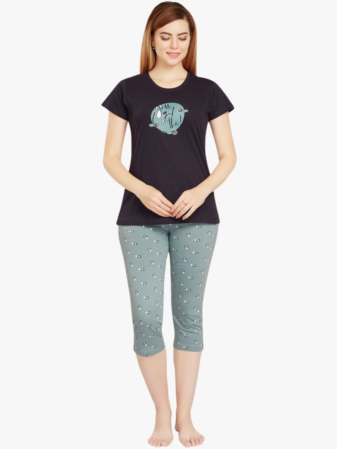 

QUIRA Graphic Printed Pure Cotton Night Suit, Black