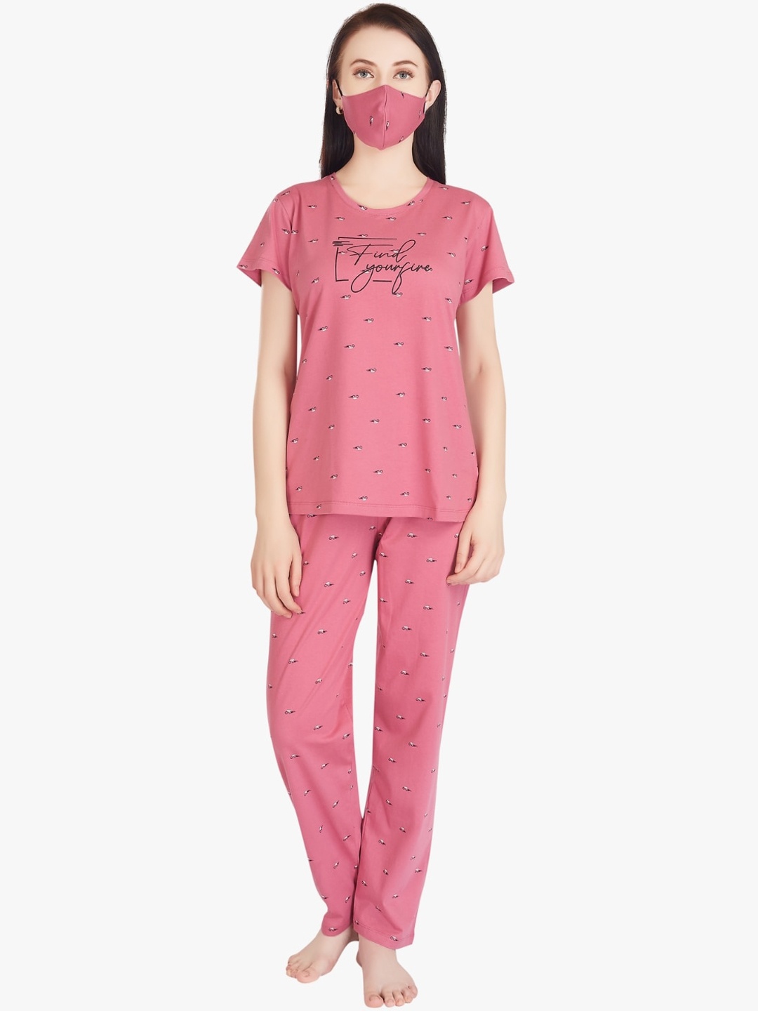 

QUIRA Conversational Printed Pure Cotton Night Suit, Pink