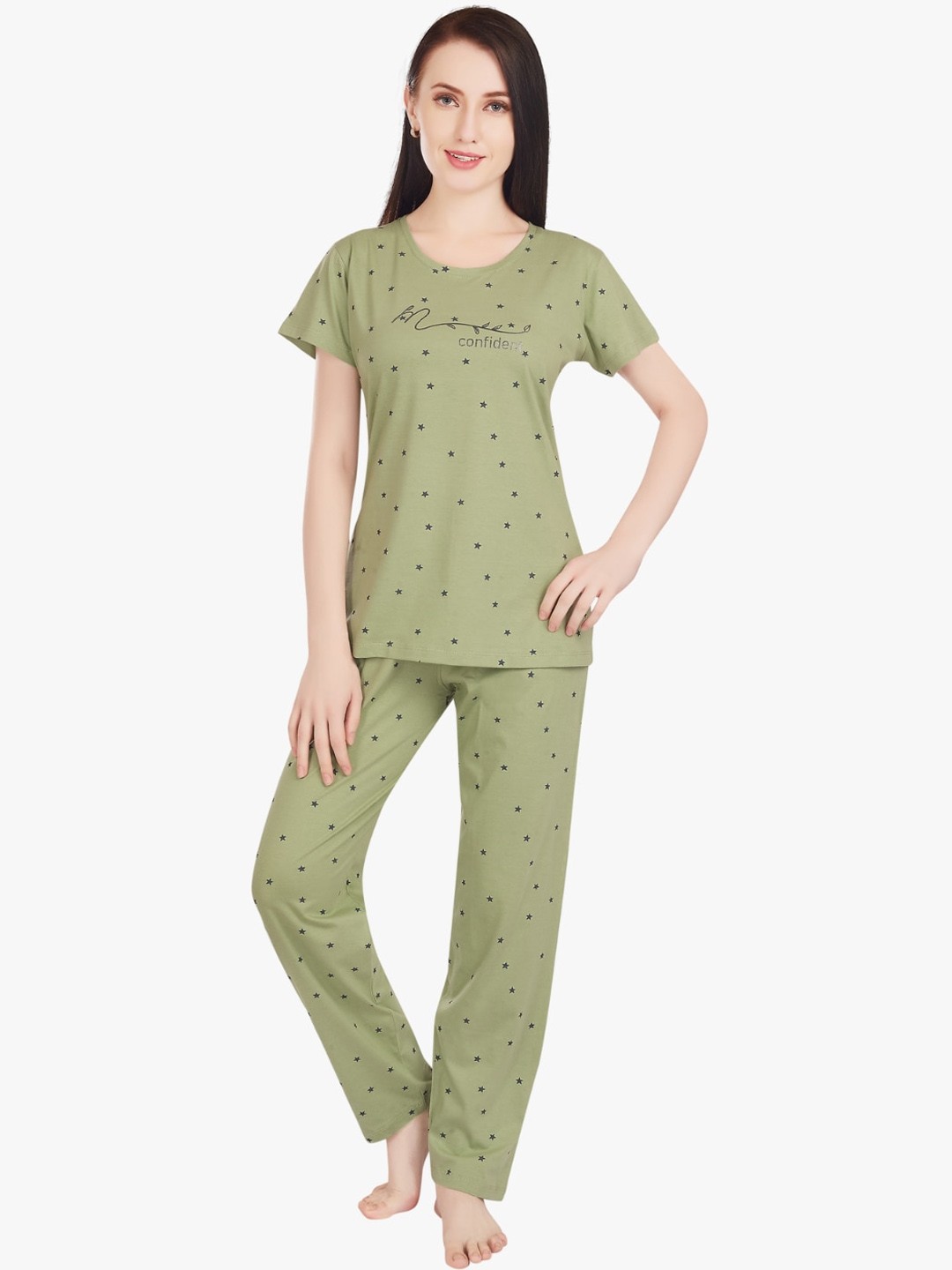 

QUIRA Conversational Printed Pure Cotton Night Suit, Olive