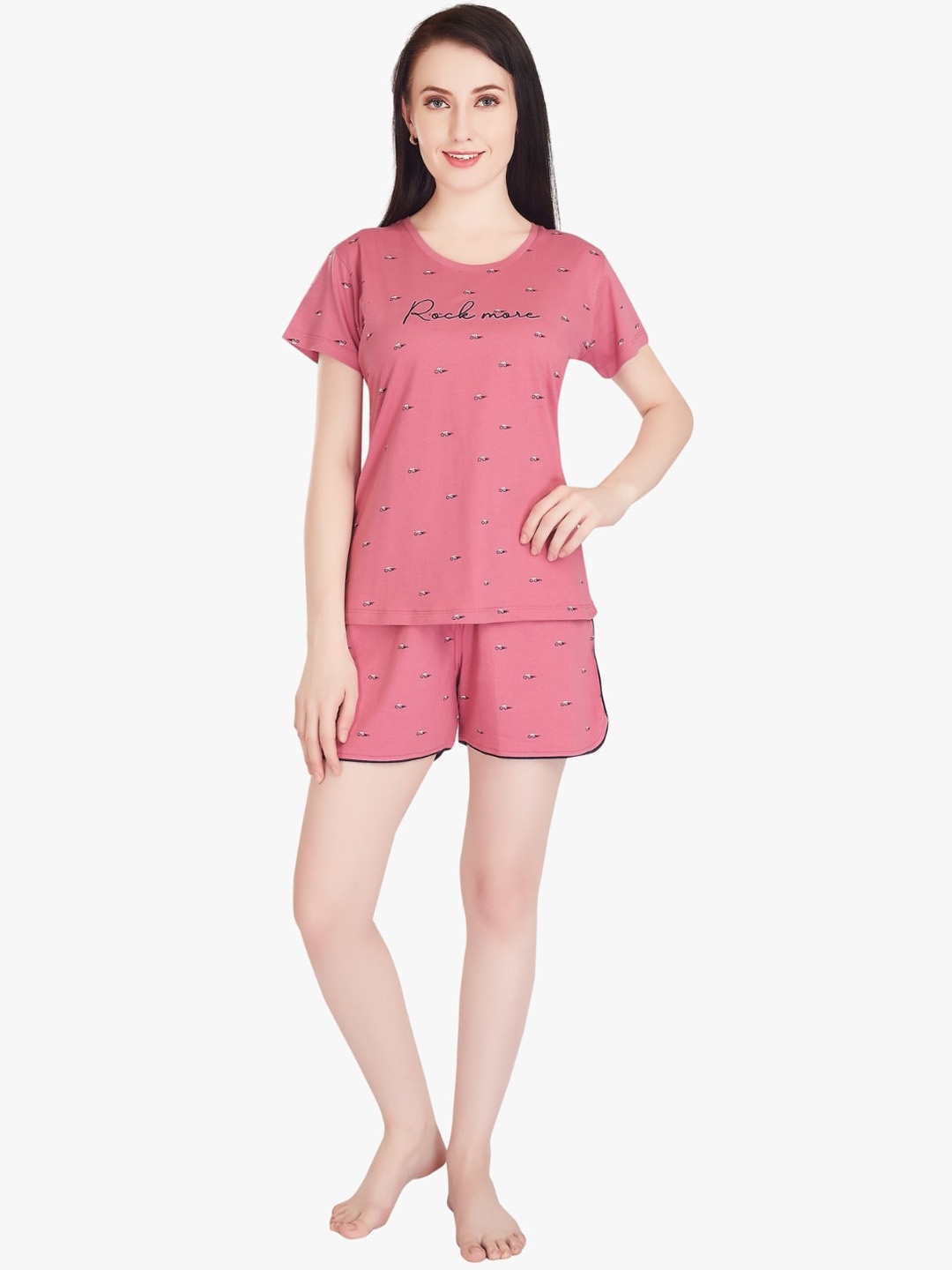

QUIRA Conversational Printed Pure Cotton Night Suit, Pink