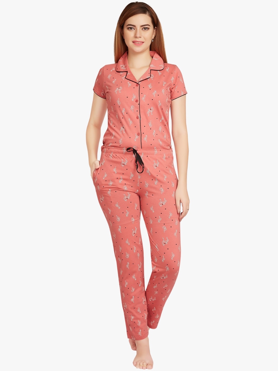 

QUIRA Printed Pure Cotton Shirt With Pyjamas, Pink
