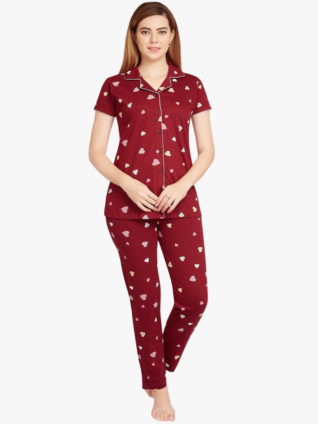 

QUIRA Conversational Printed Pure Cotton Night suit, Maroon